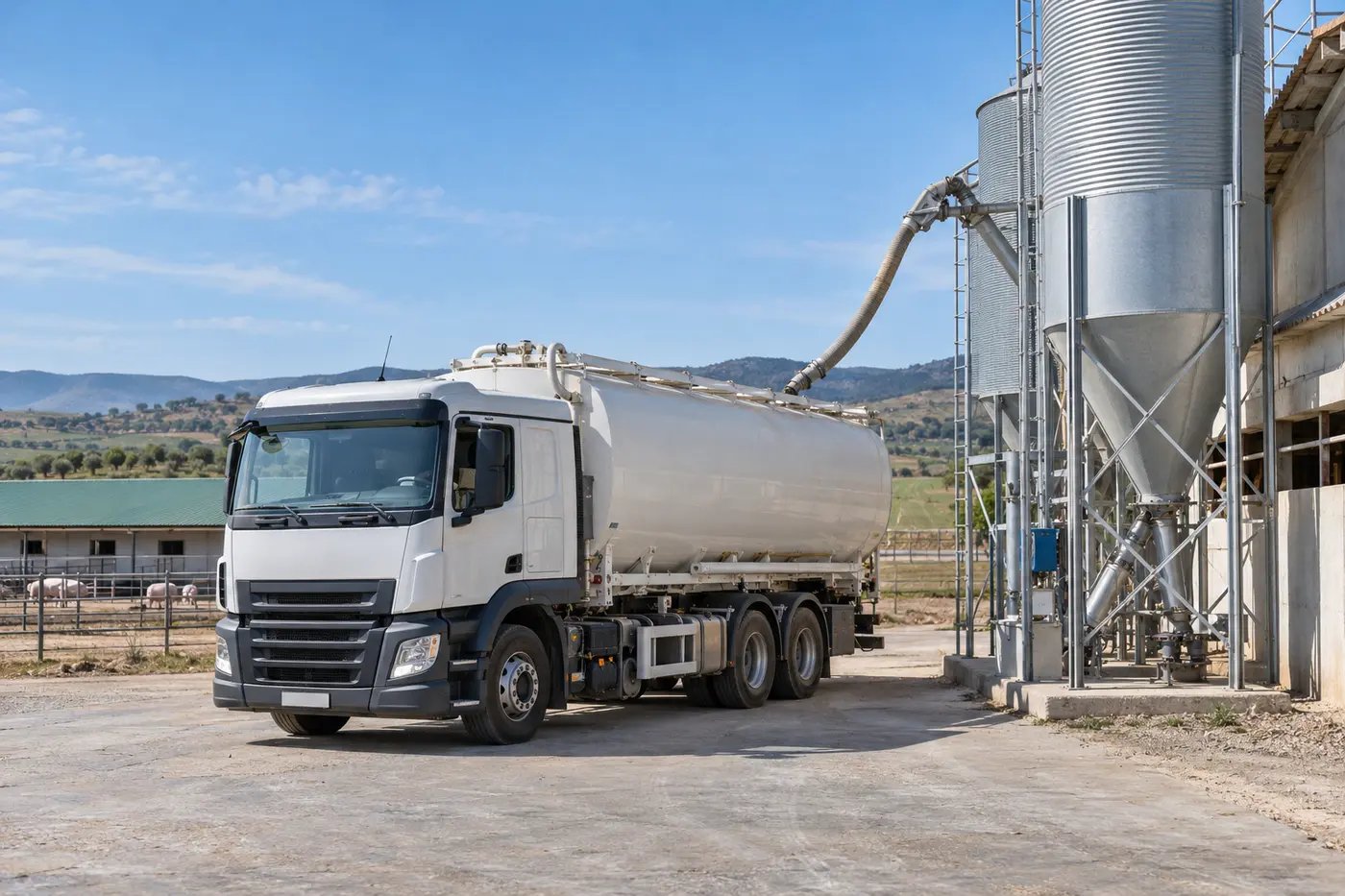 Camión de reparto de pienso a granel junto a silos